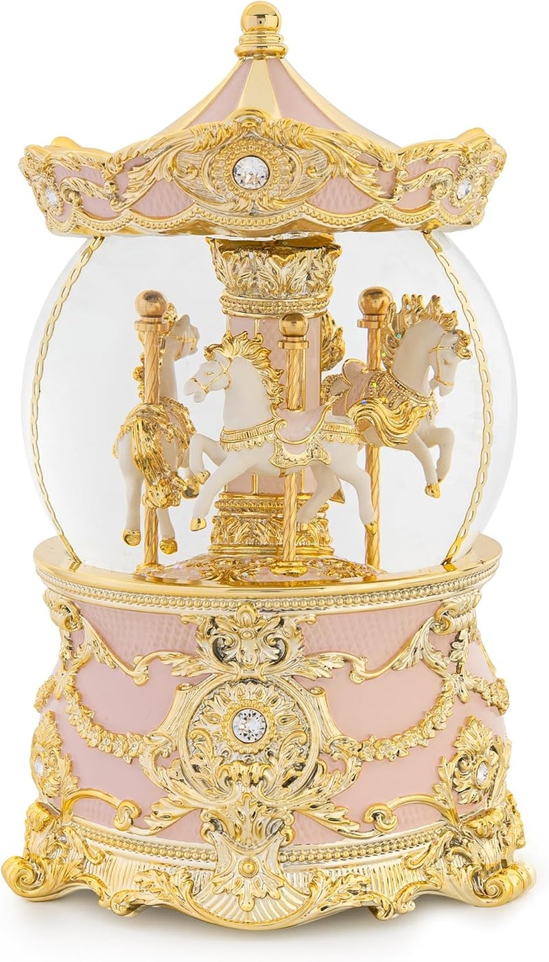 MXwcy Carousel Music Box Gold & Pink Christmas Snow Globes, 8.3" Rotate Carousel Snow Globe for Kids & Adults, Classic Wind up Musical Snow Globe Birthday Gifts for Women Girls, Carousel Horse Home Decor - Image 1