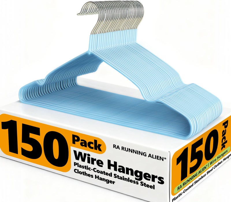 RA RUNNING ALIEN 150 Pack Clothes Hangers,Non Slip Blue Plastic Coated Metal Coat Hanger for Closet,Sturdy Thin Hangers Bulk Space Saving Hangers for Pants,Skirt,Shirt,Dress,Tie - Image 1