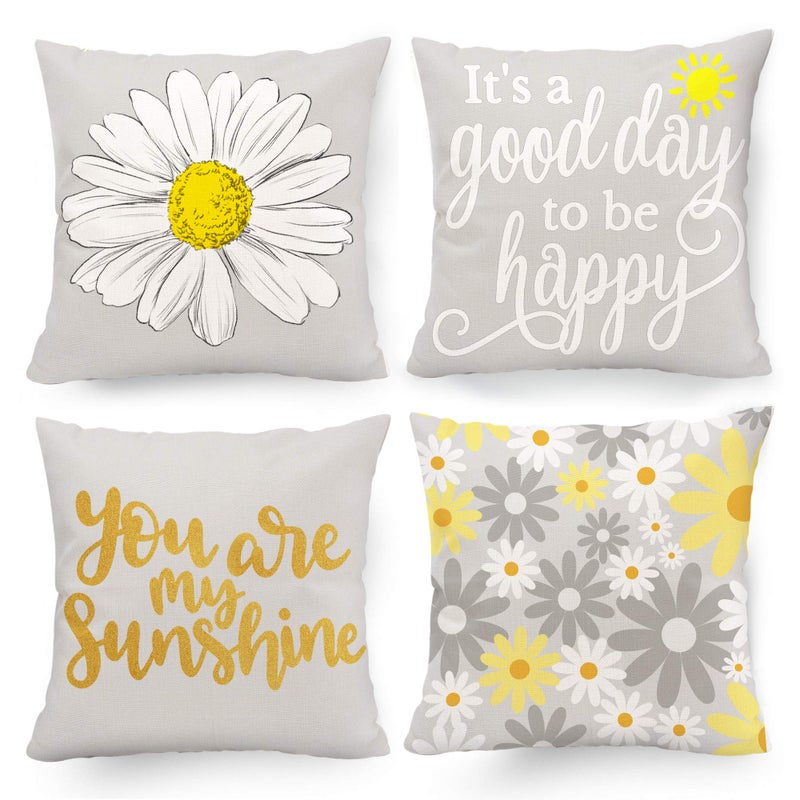 Hexagram Spring Summer Pillow Covers 18x18 Set of 4 Yellow Grey Decor Pillows Sunflower Throw Pillow Covers 18x18 Indoor Outdoor for Couch Sofa Cushion Bed Outdoor Spring Decorations for Home