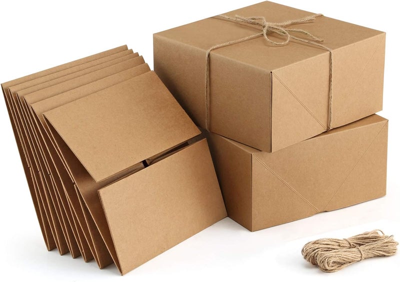 ValBox Premium Gift Boxes 10 Pack 8 x 8 x 4 Brown Paper Gift Boxes with 20 Meters Hemp Rope for Christmas Gifts, Bridesmaid Proposal Boxes, Easy Assemble Boxes - Image 1
