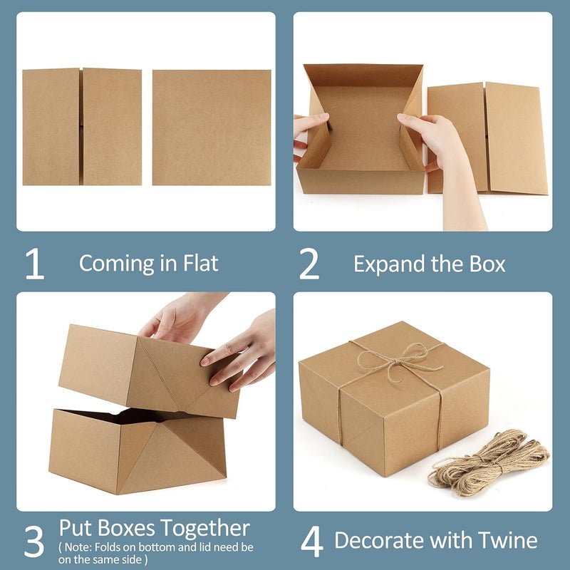 ValBox Premium Gift Boxes 10 Pack 8 x 8 x 4 Brown Paper Gift Boxes with 20 Meters Hemp Rope for Christmas Gifts, Bridesmaid Proposal Boxes, Easy Assemble Boxes - Image 4