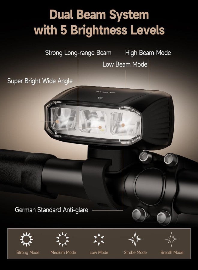 SKYFIRE Bright Bike Light for Night Riding, USB-C Rechargeable Bicycle Headlight, 1800 Lumens Dual Beam Bike Lights Front with 5 Modes, Waterproof Cycling Light for Road & Mountain Bike, 17H Runtime - Image 2