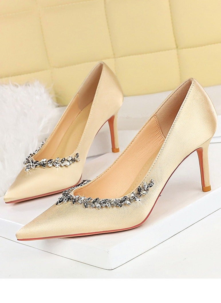 BIGTREE Women's Rhinestone Decoration Party Stiletto Pumps Satin Pointed Closed Toe High Heels Champagne 7CM - Image 1