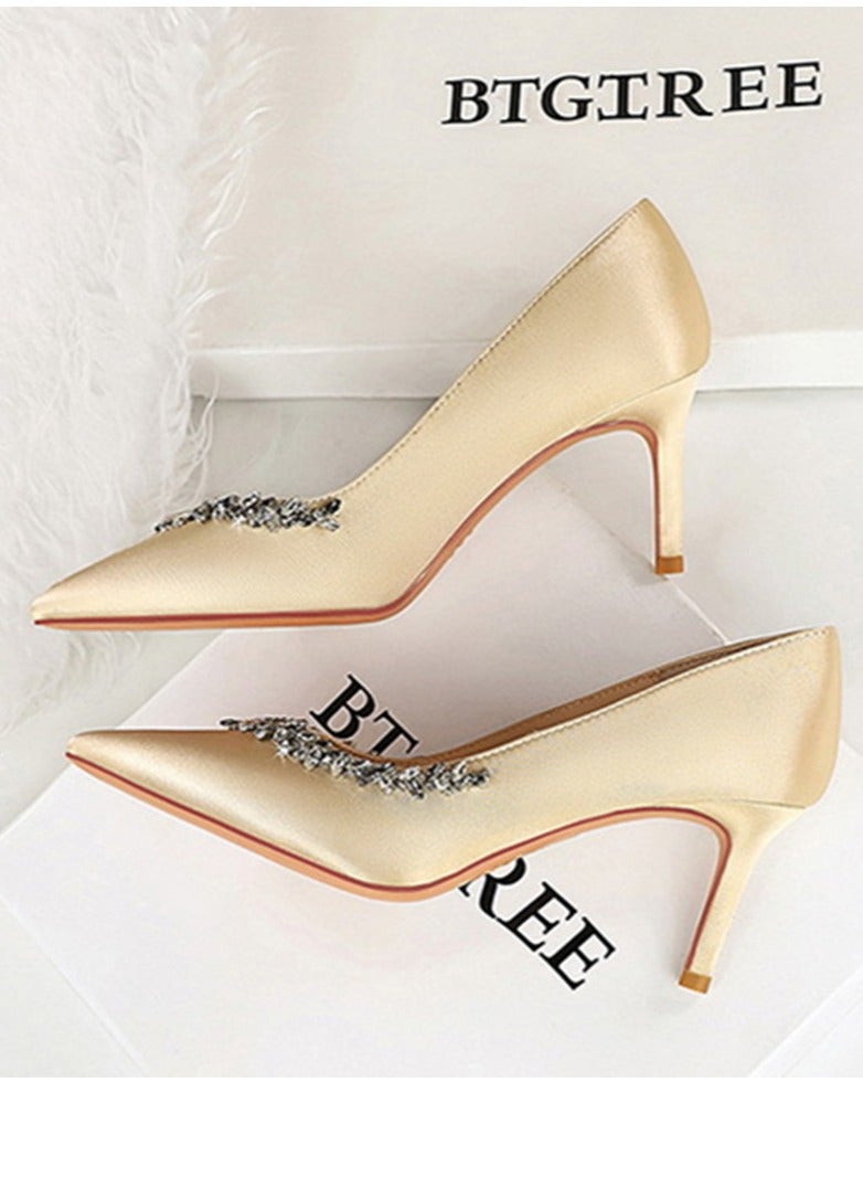 BIGTREE Women's Rhinestone Decoration Party Stiletto Pumps Satin Pointed Closed Toe High Heels Champagne 7CM - Image 3
