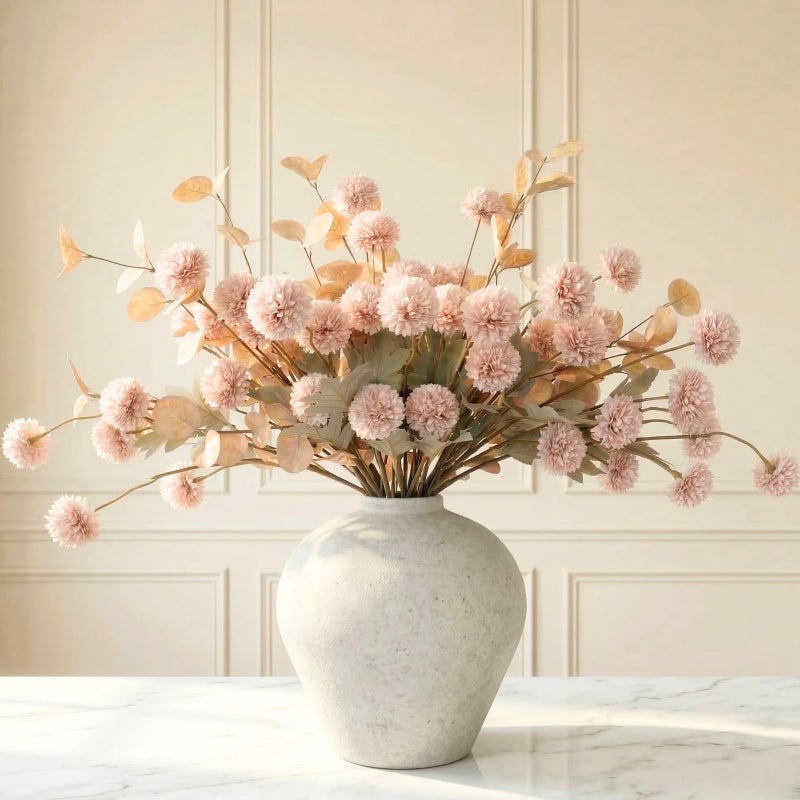 RyddeligHome Artificial Flowers for Vase - Beige Silk Mums 10 Long Stems with Eucalyptus, Faux Flowers Home Decor, Neutral Tan Cream Floral Arrangement, Fake Chrysanthemum Pom Pom Stems, Spring Fall Centerpiece - Image 1