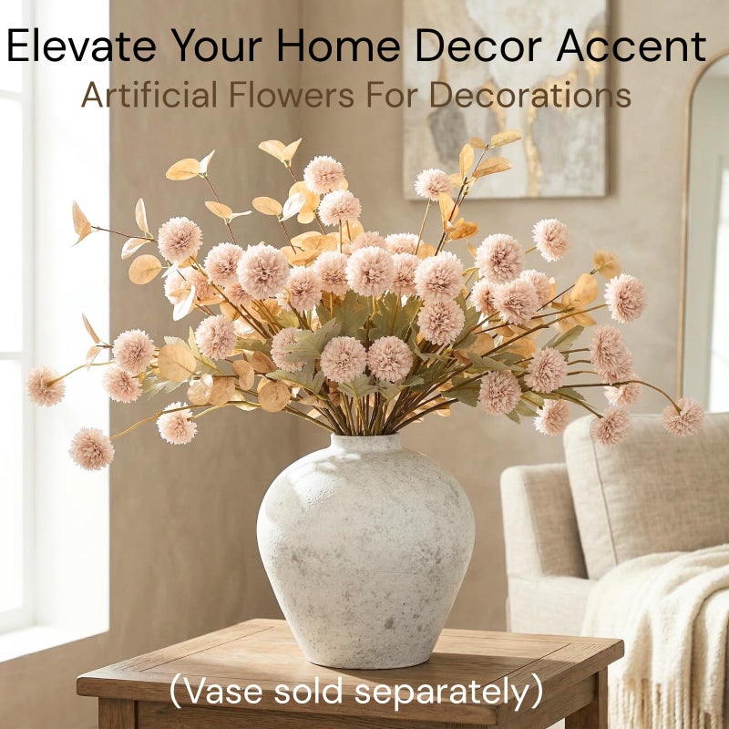 RyddeligHome Artificial Flowers for Vase - Beige Silk Mums 10 Long Stems with Eucalyptus, Faux Flowers Home Decor, Neutral Tan Cream Floral Arrangement, Fake Chrysanthemum Pom Pom Stems, Spring Fall Centerpiece - Image 3