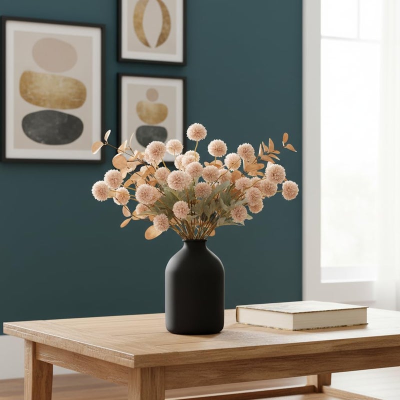 RyddeligHome Artificial Flowers for Vase - Beige Silk Mums 10 Long Stems with Eucalyptus, Faux Flowers Home Decor, Neutral Tan Cream Floral Arrangement, Fake Chrysanthemum Pom Pom Stems, Spring Fall Centerpiece - Image 2