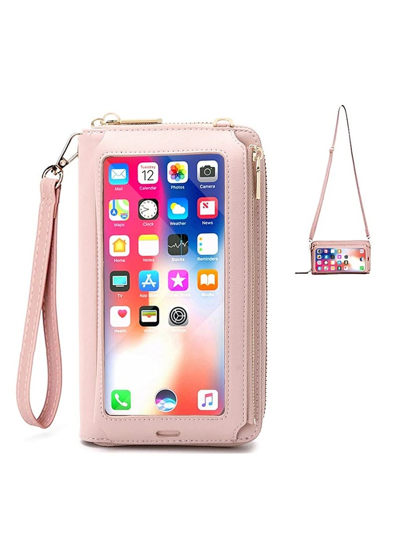 SOLARAE Touchscreen Phone Purse Crossbody for Women Small Crossbody Cell Phone Purse for Women with Shoulder Strap Wristband Waterproof Crossbody Phone Wallet Case with Clear Window Pink - Image 1