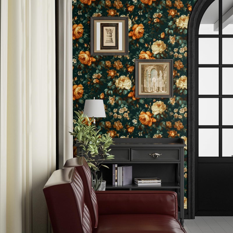 Fvlow Glowing Floral Peel and Stick Wallpaper Vintage Dark Green 17.4" x 118" Vinyl Wrap Worktop Covering Self Adhesive Removable Flowers Contact Paper for Cabinets Drawers Home Decor - Image 2
