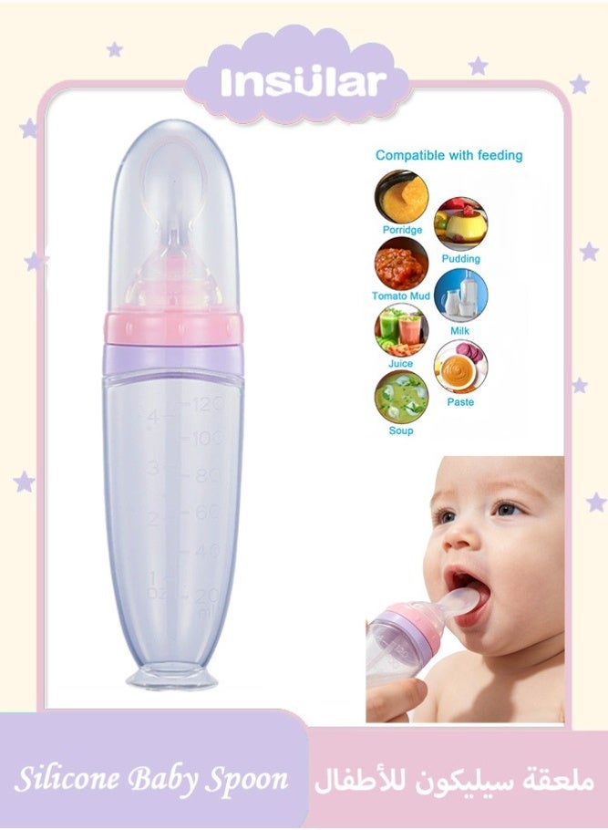 insular Baby Food Dispenser Squeeze Spoon, 120ml Silicone Feeding Bottle with Suction Cup Base & Dust Cover, 2mm Single Hole for Controlled Flow, Anti-Spill Weaning Spoon for 0m+ Babies (Transparent Pink) - Image 1