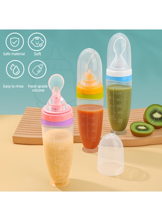 insular Baby Food Dispenser Squeeze Spoon, 120ml Silicone Feeding Bottle with Suction Cup Base & Dust Cover, 2mm Single Hole for Controlled Flow, Anti-Spill Weaning Spoon for 0m+ Babies (Transparent Pink) - Image 2