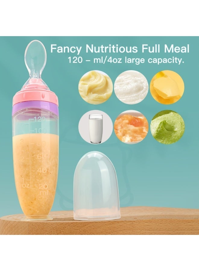 insular Baby Food Dispenser Squeeze Spoon, 120ml Silicone Feeding Bottle with Suction Cup Base & Dust Cover, 2mm Single Hole for Controlled Flow, Anti-Spill Weaning Spoon for 0m+ Babies (Transparent Pink) - Image 4