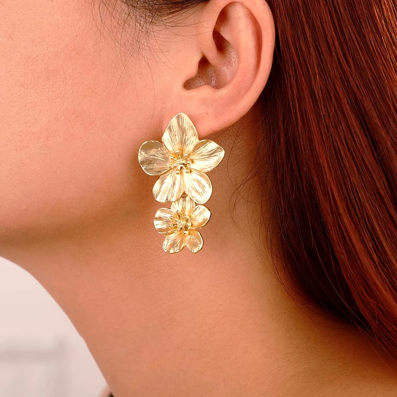Wiwpar Large Double Flower Earrings for Women Boho Statement Flower Earrings Bohemian Elegant Chic Flower Dangle Earrings Unique Flower Earrings - Image 2