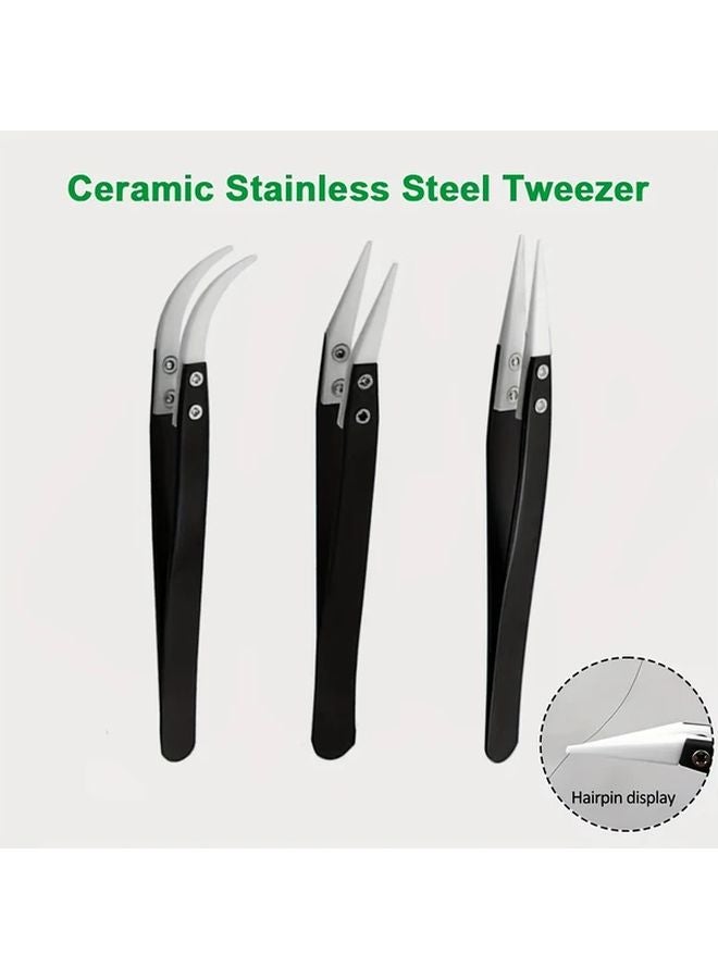 Anti Static Tweezers 3 Pack Black Handle Ceramic Stainless Steel Straight Curved Tips - Image 1