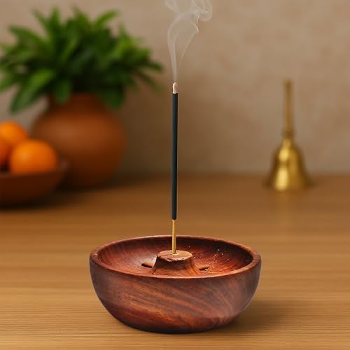 Pure Source India Wooden Round Incense Stick Holder |Agarbatti Stand| Incense Burner, Incense Ash Catcher for Temple, Home & Office (3.7 INCH) (1 PCS) - Image 1