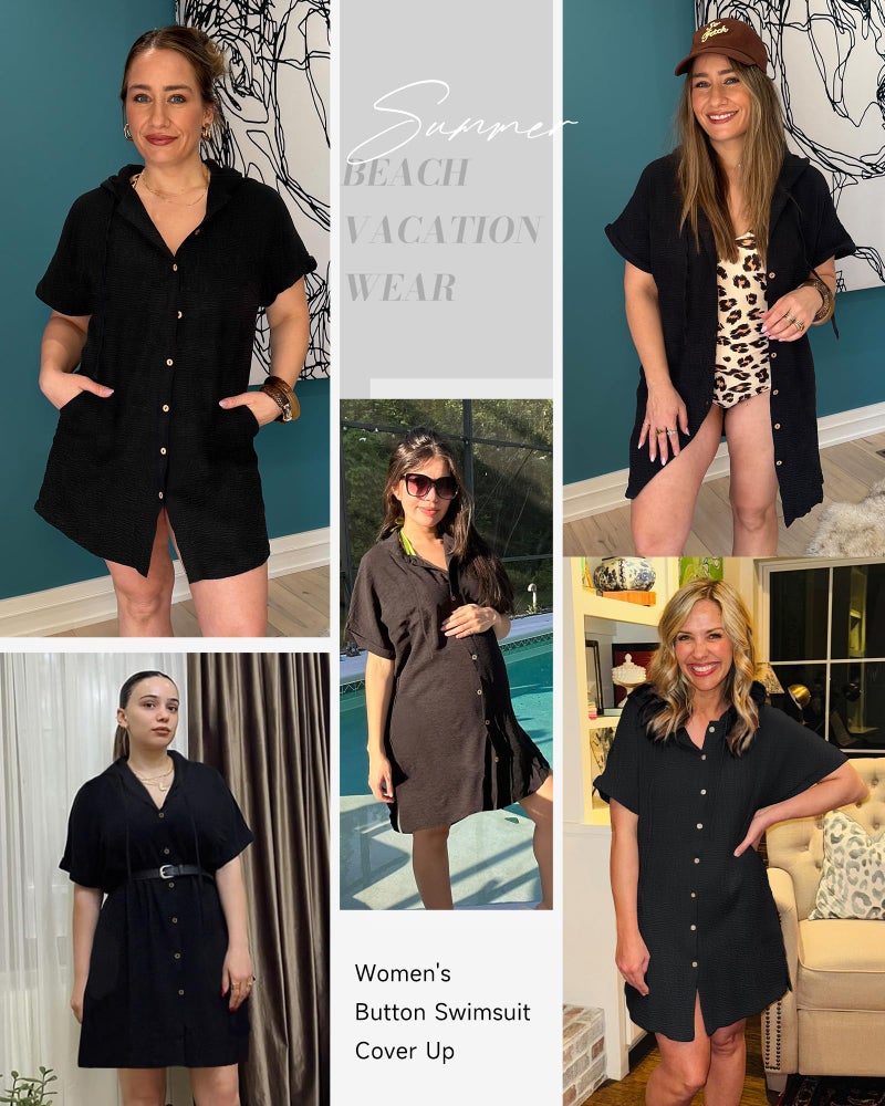 Bsubseach Womens Swimsuit Cover Up Shirt Button Down Short Sleeve Bathingsuit Coverups Hooded Beach Coverup With Pockets Black XL - Image 5