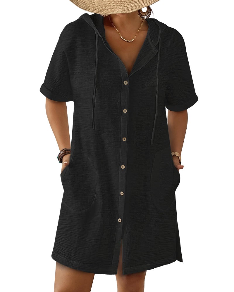 Bsubseach Womens Swimsuit Cover Up Shirt Button Down Short Sleeve Bathingsuit Coverups Hooded Beach Coverup With Pockets Black XL - Image 1