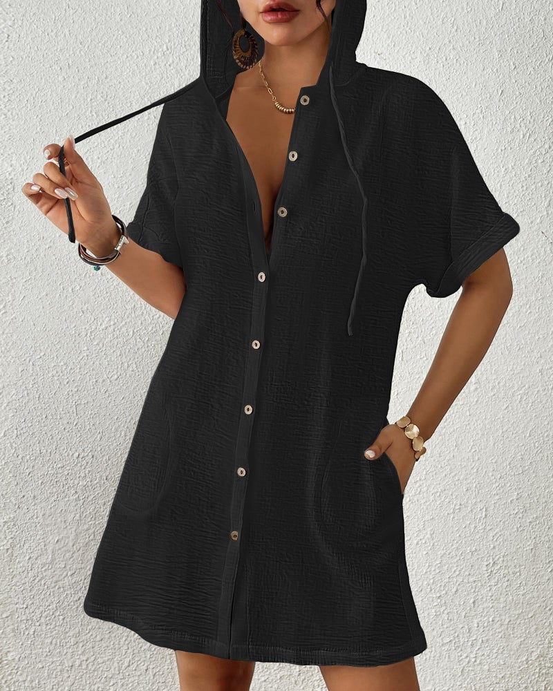 Bsubseach Womens Swimsuit Cover Up Shirt Button Down Short Sleeve Bathingsuit Coverups Hooded Beach Coverup With Pockets Black XL - Image 2