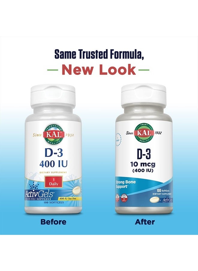 KAL Vitamin D3 400 IU Softgels (10 mcg), Active Form of Vitamin D, Calcium Absorption, Bone Health, Immune Support Supplement, Liquid Filled ActivGel, Made Without Soy, 100 Servings, 100 Softgels - Image 2