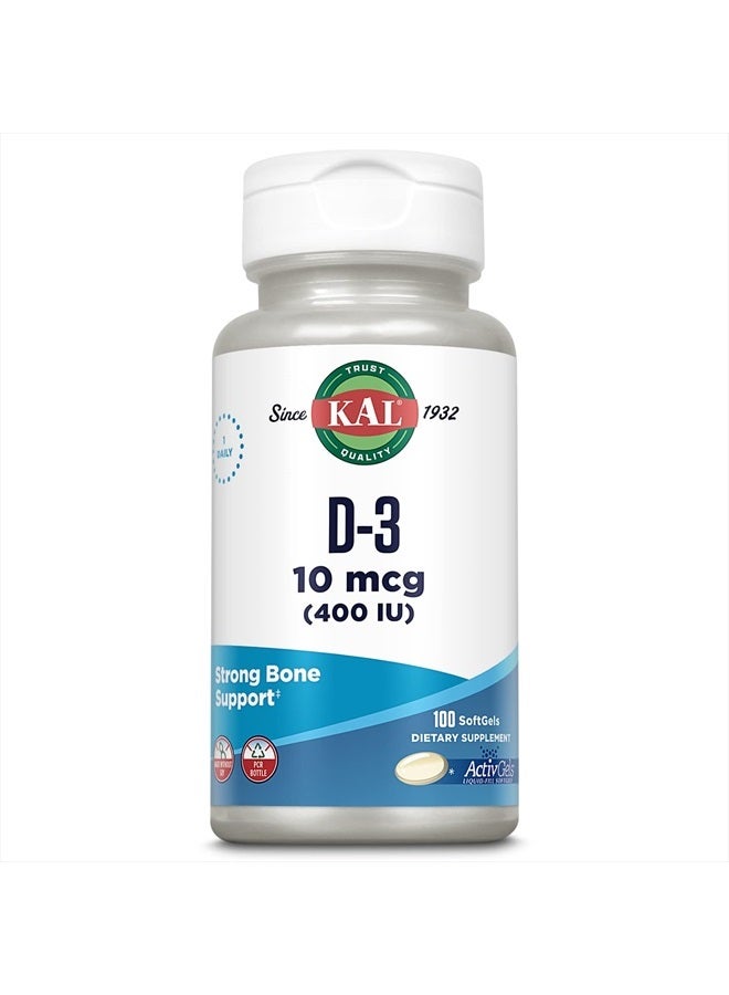 KAL Vitamin D3 400 IU Softgels (10 mcg), Active Form of Vitamin D, Calcium Absorption, Bone Health, Immune Support Supplement, Liquid Filled ActivGel, Made Without Soy, 100 Servings, 100 Softgels - Image 1