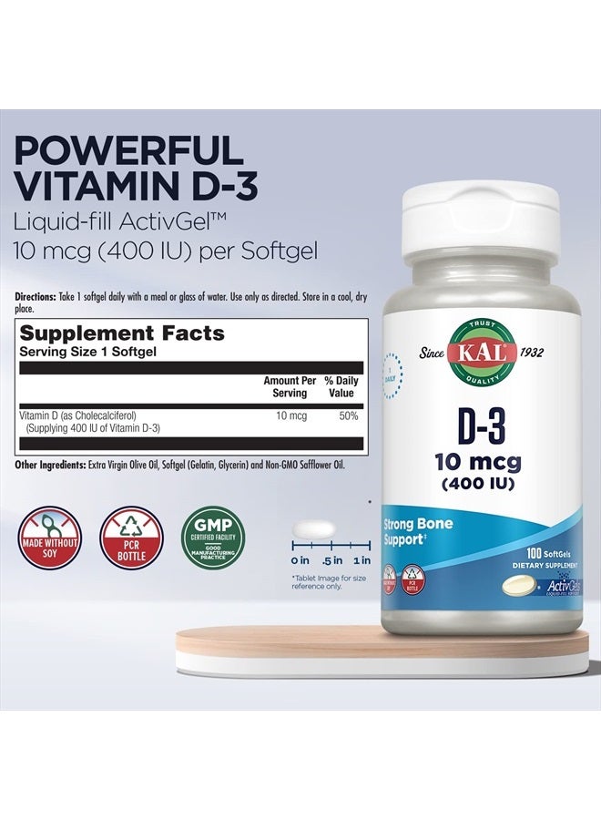 KAL Vitamin D3 400 IU Softgels (10 mcg), Active Form of Vitamin D, Calcium Absorption, Bone Health, Immune Support Supplement, Liquid Filled ActivGel, Made Without Soy, 100 Servings, 100 Softgels - Image 3