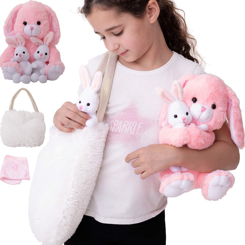 Perfectto Design Easter Gifts for Kids, Stuffed Bunny Toy 5 Pcs - Mommy Stuffed Rabbit, 2 Baby Bunnies and Furry Bag. Soft Easter Bunny Plush Gift for Kids 3-5 - Image 1