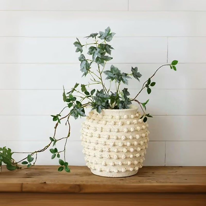 DN DECONATION Beige Rustic Farmhouse Vase, 8.2 Inch Textured Boho Vase for Home Decor, Cement Decorative Flower Vases with Rope Knots for Living Room, Table Centerpiece, Shelf, Mantel Decoration - Image 5