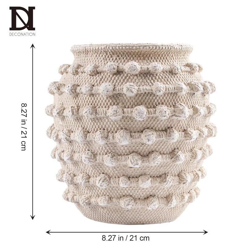 DN DECONATION Beige Rustic Farmhouse Vase, 8.2 Inch Textured Boho Vase for Home Decor, Cement Decorative Flower Vases with Rope Knots for Living Room, Table Centerpiece, Shelf, Mantel Decoration - Image 3
