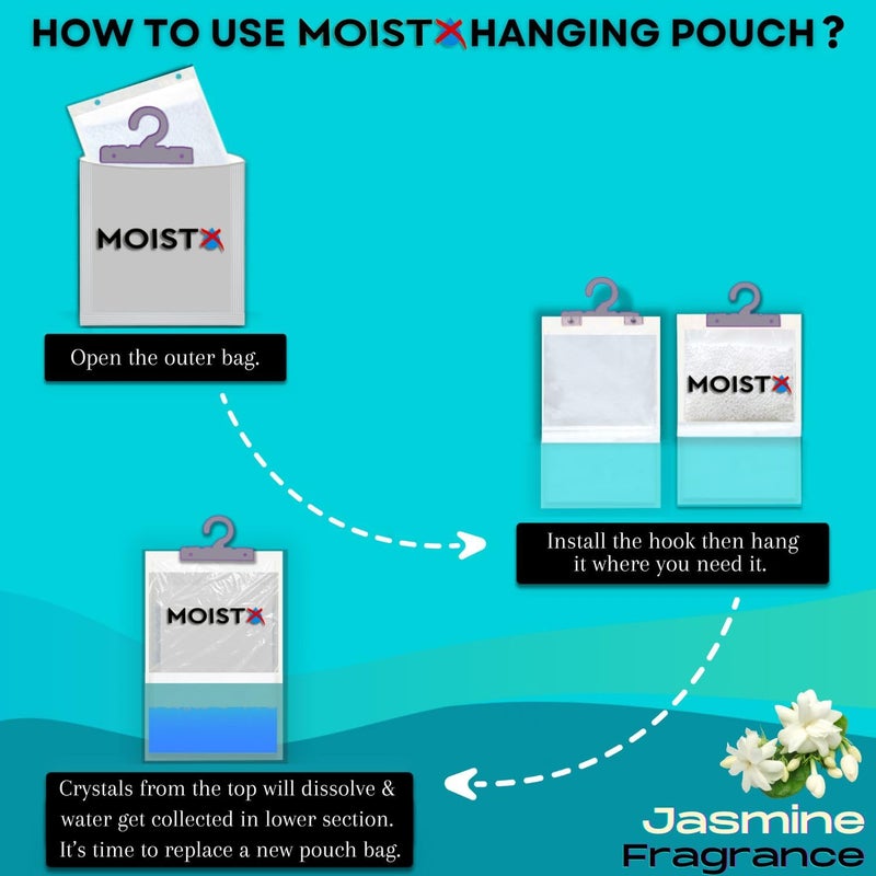 MOISTX MOISTX Moisture Absorber 200g Hanging Pouch with dual benefits Jasmine Fragrance Capacity to trap 500ml of moisture from air For Wardrobe Kitchen Cabinet Bathroom - Image 4