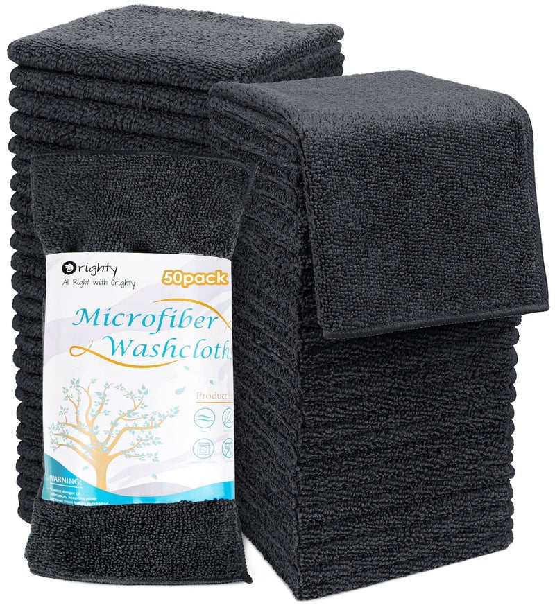 Orighty Washcloths Bulk Towels Set 50 Pack Highly Absorbent and Super Soft Microfiber Fingertip Towels MultiPurpose Wash Cloths for Bathroom Hotel Spa and Gym 12x12 Inch Black