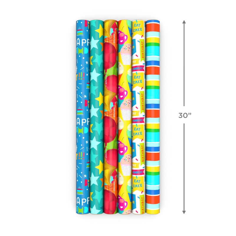 Hallmark Birthday Wrapping Paper Rolls - Stars, Stripes, Balloons, Cupcakes, "Happy Birthday" Gift Wrap Paper (Set of 6 Rolls: 180 sq. ft. ttl.) - Image 3