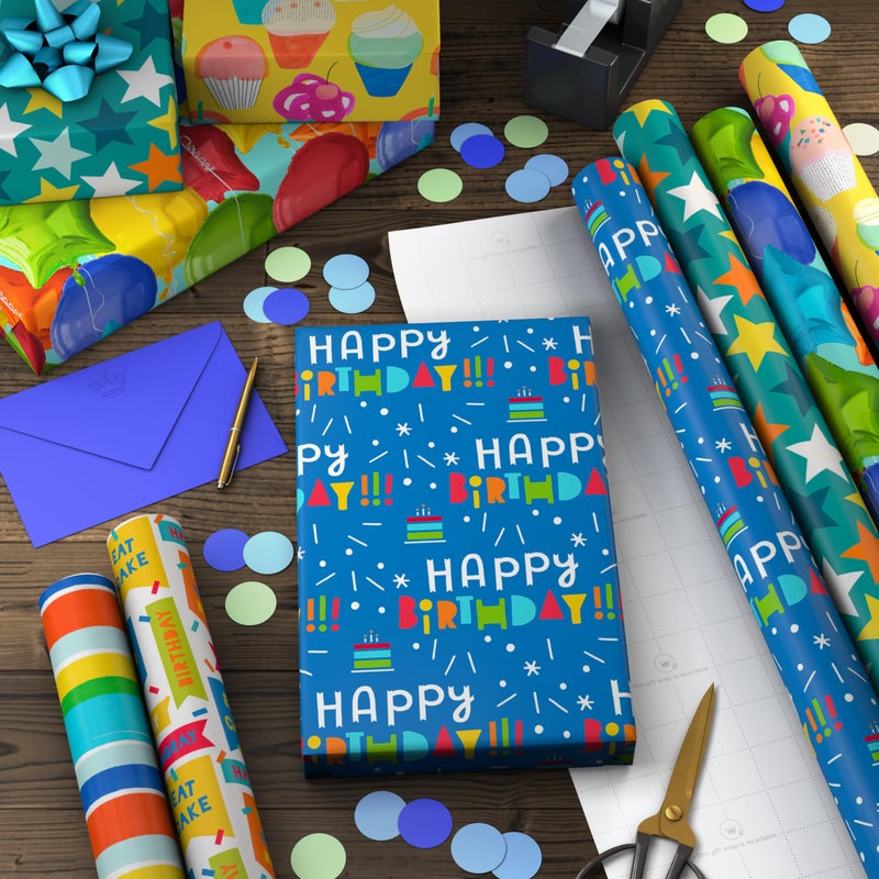 Hallmark Birthday Wrapping Paper Rolls - Stars, Stripes, Balloons, Cupcakes, "Happy Birthday" Gift Wrap Paper (Set of 6 Rolls: 180 sq. ft. ttl.) - Image 2