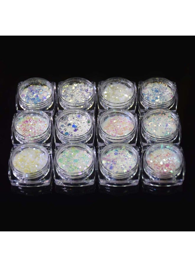 Minejin Nail Glitter Holographic Chunky Flakies Ultra-Thin Iridescent Charming Sequins Powder Tips 12 Jar - Image 2