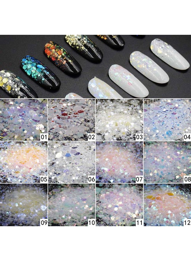 Minejin Nail Glitter Holographic Chunky Flakies Ultra-Thin Iridescent Charming Sequins Powder Tips 12 Jar - Image 3