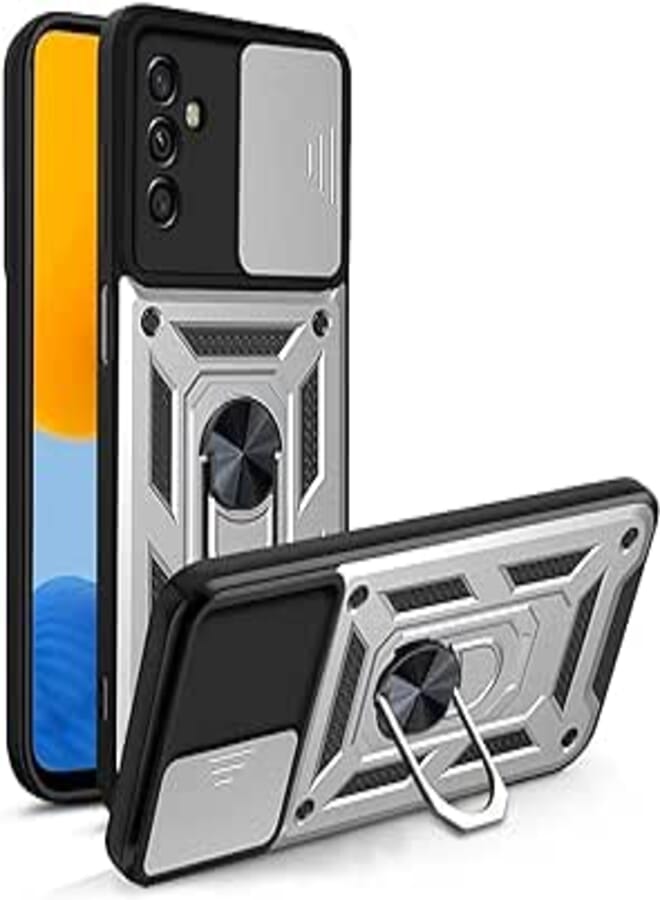 Compatible With Samsung Galaxy A55 Case Cover with Camera Sliding Cover Built-in 360 Rotating Ring Holder Kickstand Shockproof Cell Phone Case for Samsung galaxy A55 5G/Samsung A55 By Grabist (Silver) 