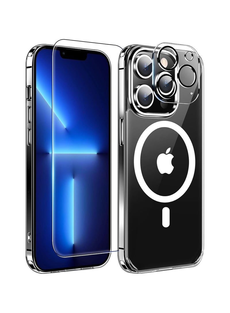 دينكس حزمة 3 في 1 لهاتف iPhone 13 Pro Max، حافظة شفافة مع واقي شاشة وواقي عدسة، متوافقة مع Magsafe، حماية عالية الجودة ومضادة للاصفرار، حافظة مغناطيسية لهاتف iPhone 13 Pro Max، شفافة - Image 1