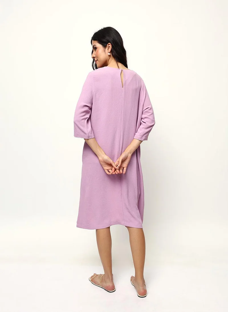 Ishin  Lilac 100% Cotton Solid Print Midi A-Line Straight Fit Dress For Women for Women | Best Price UAE