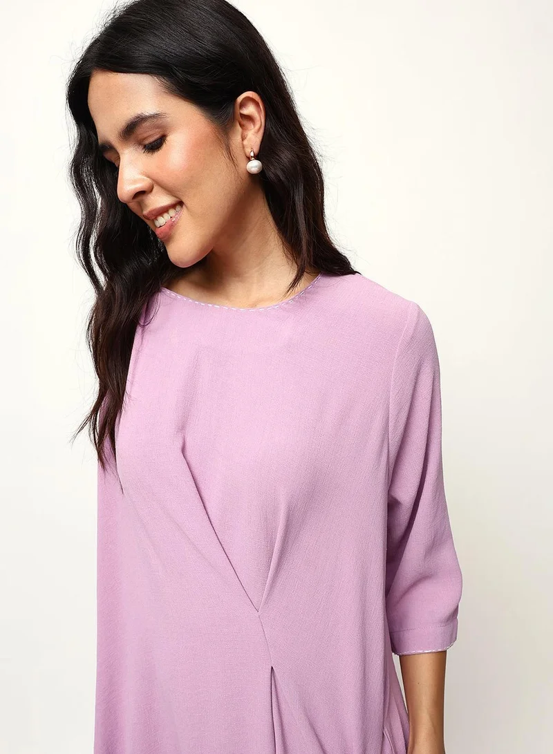 Ishin  Lilac 100% Cotton Solid Print Midi A-Line Straight Fit Dress For Women for Women | Best Price UAE