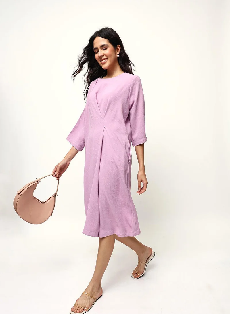 آي شين Lilac 100% Cotton Solid Print Midi A-Line Straight Fit Dress For Women
