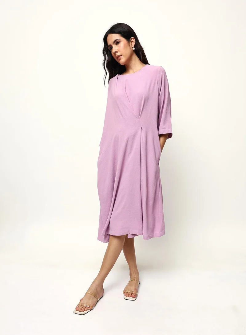 Ishin  Lilac 100% Cotton Solid Print Midi A-Line Straight Fit Dress For Women for Women | Best Price UAE
