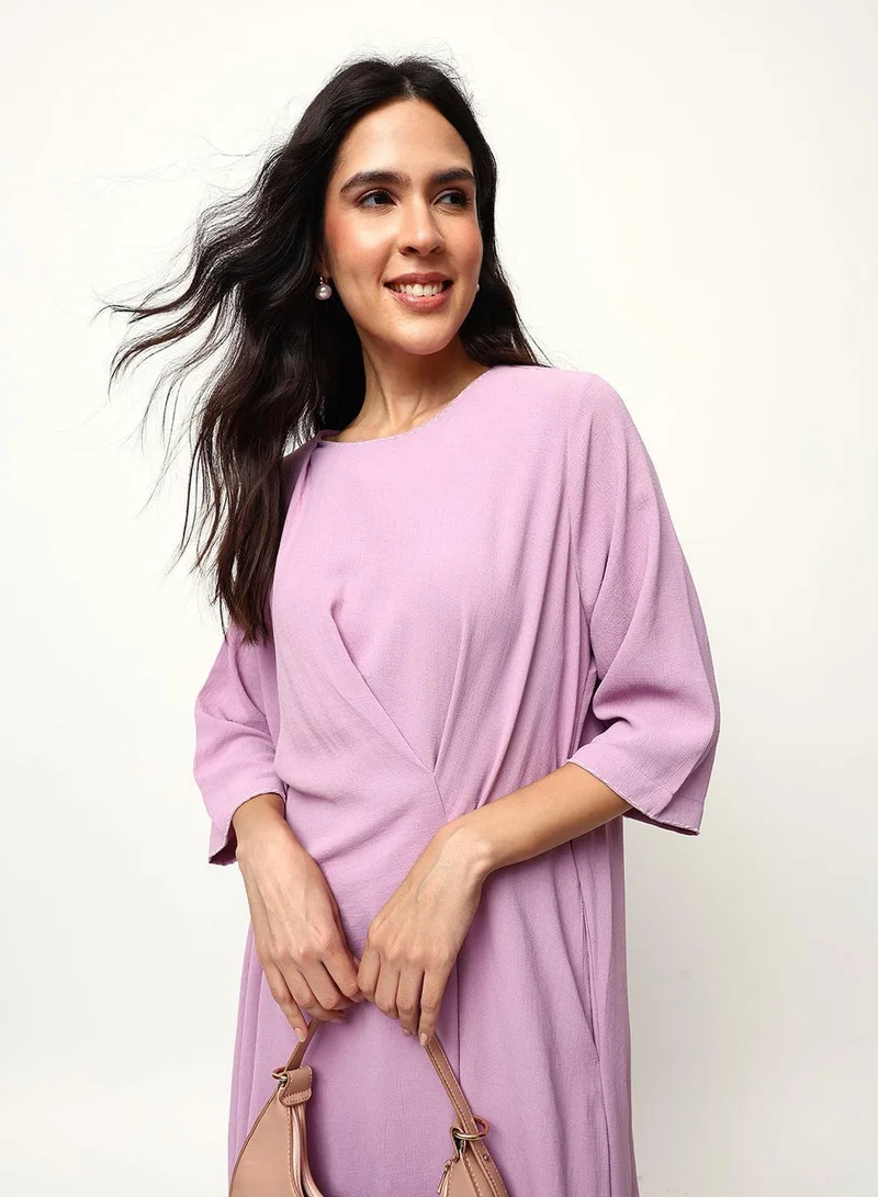 آي شين Lilac 100% Cotton Solid Print Midi A-Line Straight Fit Dress For Women