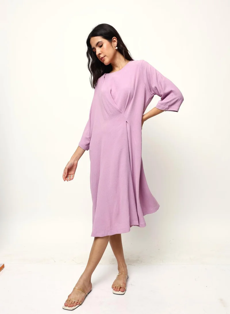 Ishin  Lilac 100% Cotton Solid Print Midi A-Line Straight Fit Dress For Women for Women | Best Price UAE