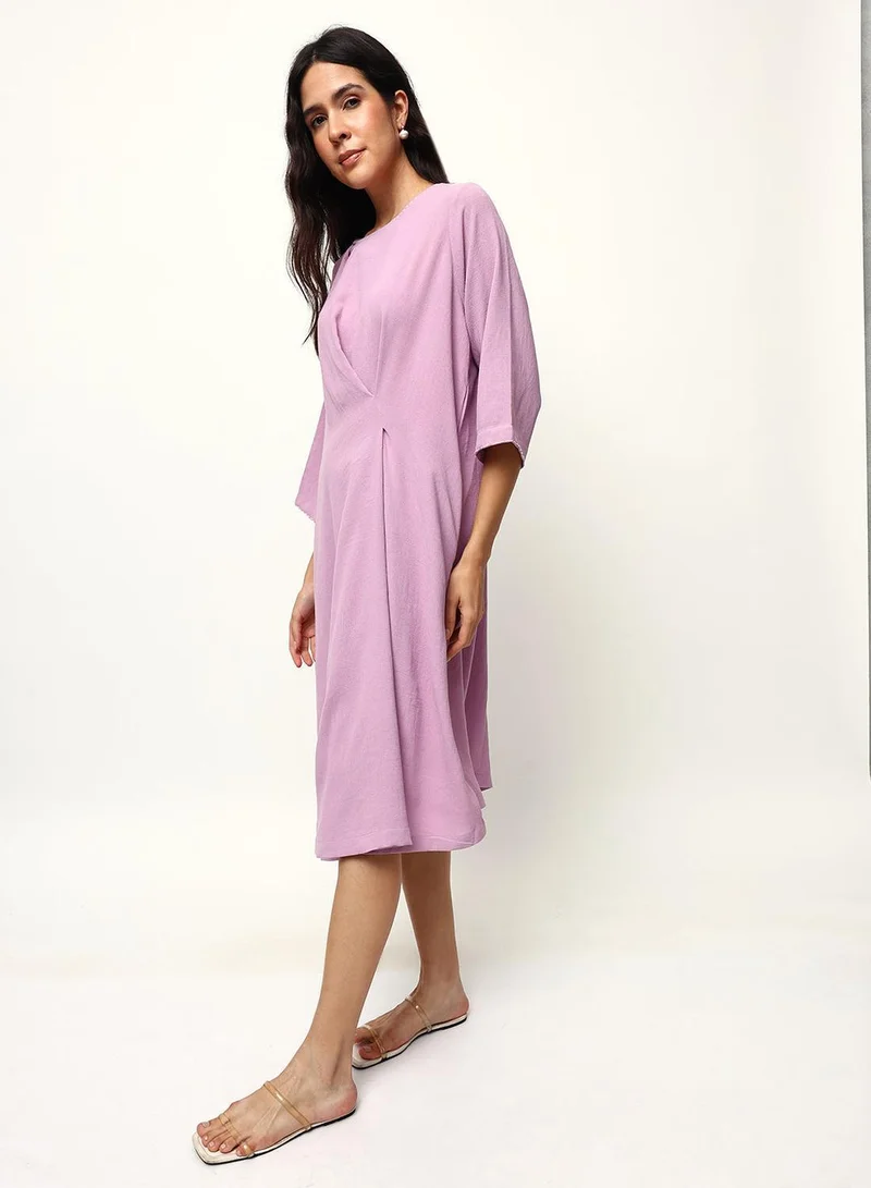 Ishin  Lilac 100% Cotton Solid Print Midi A-Line Straight Fit Dress For Women for Women | Best Price UAE