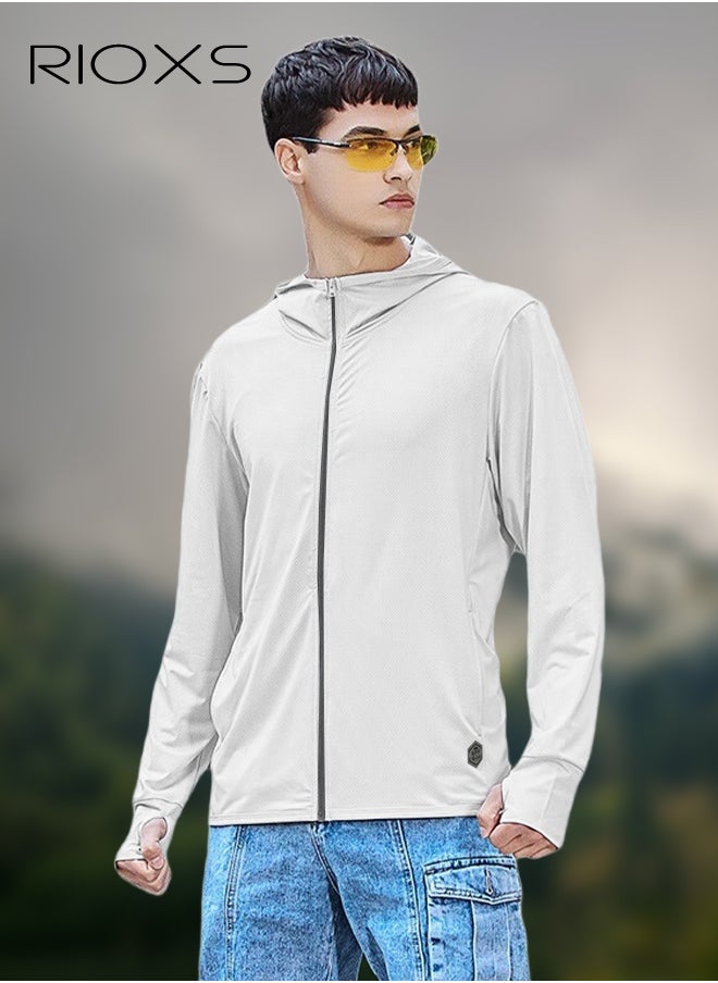 RIOXS Men's UPF 50+ Sun Protection Clothing, Outdoor Lightweight Full Zip Hoodie Jacket, Comfy Breathable Long Sleeve Coat with Thumbholes, Suitable for Daily Wear, Sports Training, Running, Hiking, Fishing, Climbing or Other Outdoor Activities  - Image 1