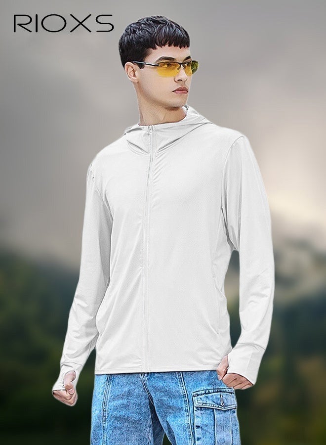 ريوكس ملابس رجالية بعامل حماية من الشمس UPF 50+ للرجال، سترة خارجية خفيفة الوزن بسحاب كامل بغطاء للرأس، معطف مريح بأكمام طويلة مسامية بأكمام طويلة مع فتحات للإبهام، مناسب للارتداء اليومي أو التدريب الرياضي أو الجري أو المشي لمسافات طويلة أو صيد الأسماك أو التسلق أو الأنشطة الخارجية الأخرى - Image 1