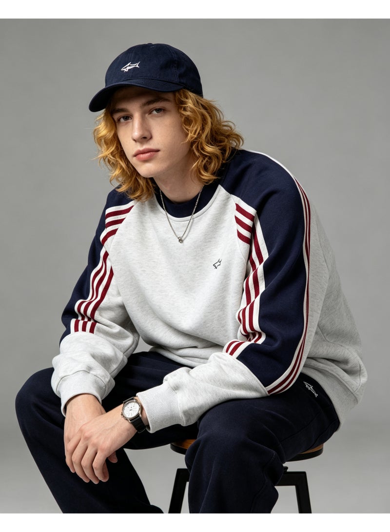 Paul & Shark Unisex Crew Neck Sweatshirt Vintage Washed Oversized Color‑Block Striped Sleeves Casual Sporty Campus Top, Heather Grey Navy Red - Image 5