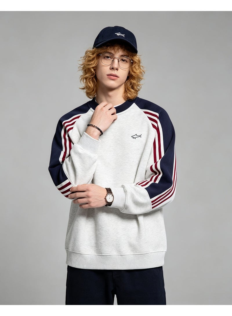 Paul & Shark Unisex Crew Neck Sweatshirt Vintage Washed Oversized Color‑Block Striped Sleeves Casual Sporty Campus Top, Heather Grey Navy Red - Image 3