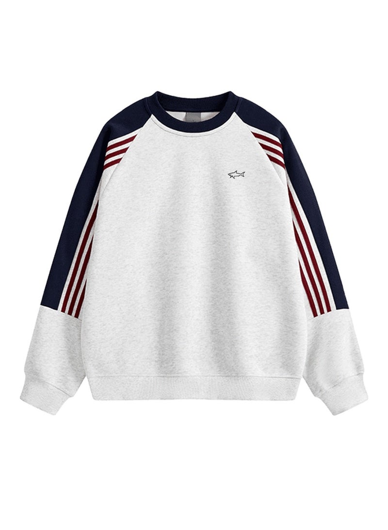 Paul & Shark Unisex Crew Neck Sweatshirt Vintage Washed Oversized Color‑Block Striped Sleeves Casual Sporty Campus Top, Heather Grey Navy Red - Image 2