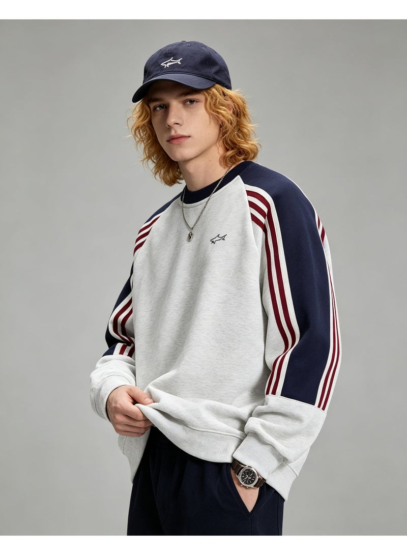 Paul & Shark Unisex Crew Neck Sweatshirt Vintage Washed Oversized Color‑Block Striped Sleeves Casual Sporty Campus Top, Heather Grey Navy Red - Image 1