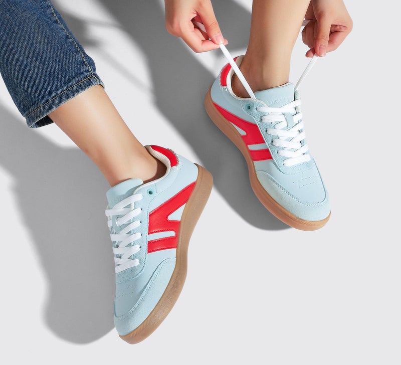 LUCKY STEP Women Classic Retro Gum Sole Fashion Sneakers Casual Tennis Skate Shoe Genuine Leather Walking Footwear Anti Slip Trainers(Mint/Red,7) - Image 2